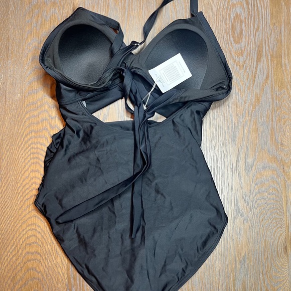 Black One Piece Swimsuit Crossover Halter Cutout Monokini Small - Picture 3 of 4